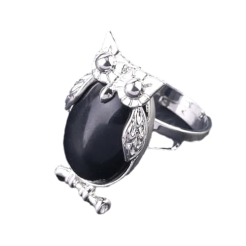 Edelstein-Ring – süße Eule, handgefertigter Ring für Damen, Naturstein-Cabochon-Perlen, verstellbarer Ring, weißer niedlicher Tier-Anhänger, Party-Schmuck, schwarzer Achat, Einheitsgröße von Tesselite