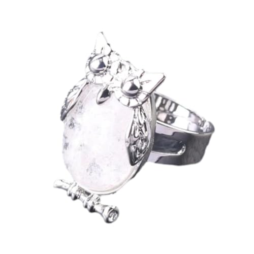 Edelstein-Ring – süße Eule, handgefertigter Ring für Damen, Naturstein-Cabochon-Perlen, verstellbarer Ring, weißer niedlicher Tier-Anhänger, Party-Schmuck, weißer Kristall, Einheitsgröße von Tesselite
