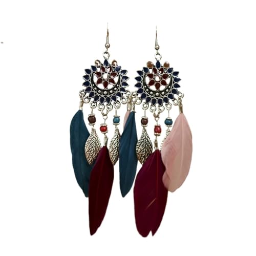 Rot-weiße Feder-Ohrhänger für Damen, Blumen-Vintage-Tropföl-Ohrringe, Blatt-Anhänger, Ohrringe, Statement-Mode für jeden Anlass, Corful, Einheitsgröße von Tesselite