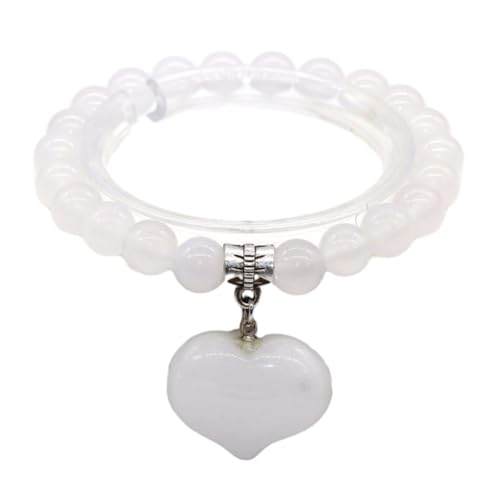 Stein-Armband – natürliche 8 mm runde Perlen, baumelnde Herzform, Amethyst-Rosenquarz-Stein, Perlen-Yoga-Armband, für Männer und Frauen, elastisches Seil, Schmuck, weißer Achat, Einheitsgröße von Tesselite