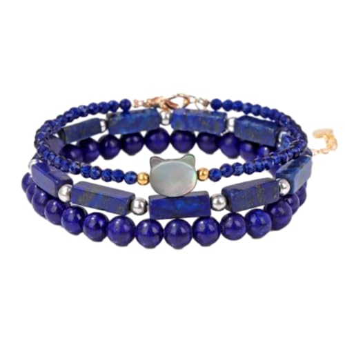 Stein-Armband – rundes, quadratisches Perlenarmband, süßes Katzenkopf-Charm-Armband-Set, trendiger Strang-Armreif für Männer und Frauen, Schmuck zum täglichen Tragen, Lapislazuli, Einheitsgröße von Tesselite