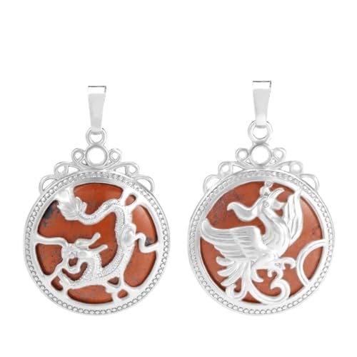 Stein-Halskette – 2 Stück Naturstein-Paar-Halsketten für Liebhaber, Vintage-Drachen & Phoenix-Cabochon-Kristall-Anhänger für Herren und Damen, Halskette, Schmuck, roter Jaspis, Einheitsgröße von Tesselite