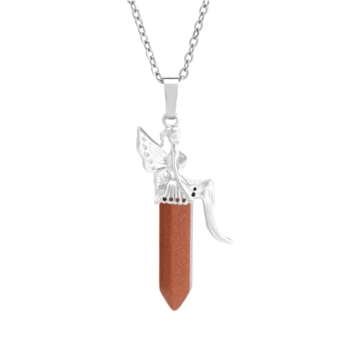 Stein-Halskette – Glücksengel-Anhänger-Halskette für Frauen, Naturstein, sechseckiger Anhänger, Schmuck, Weihnachtsgeschenk, tägliches Tragen – Farbe, zufällige Lieferung, 1 Stück, Braun, S von Tesselite