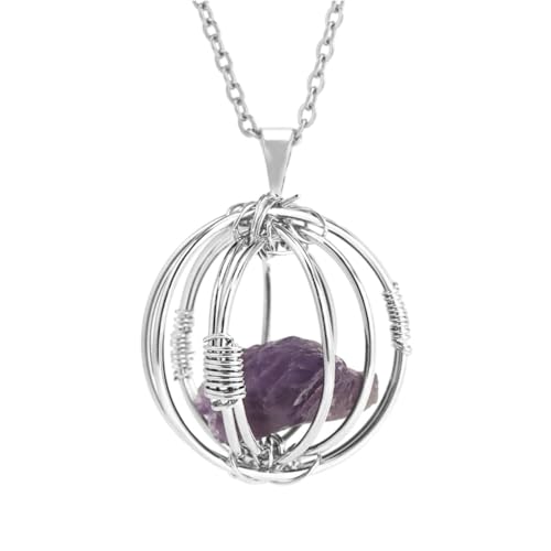 Stein-Halskette – Halskette mit Naturstein-Anhänger, handgefertigte, mit Draht umwickelte Laternen-Anhänger-Halsketten für Mädchen und Männer zum täglichen Tragen, Amethyst, SC, Einheitsgröße von Tesselite