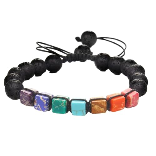 Steinarmband – Naturstein-Perlenarmband, handgefertigt, 7 Chakra-Quadratperlen, Charm-Armbänder, verstellbarer Schmuck für Männer und Frauen, tägliches Tragen, Lava-Vulkan, Einheitsgröße von Tesselite