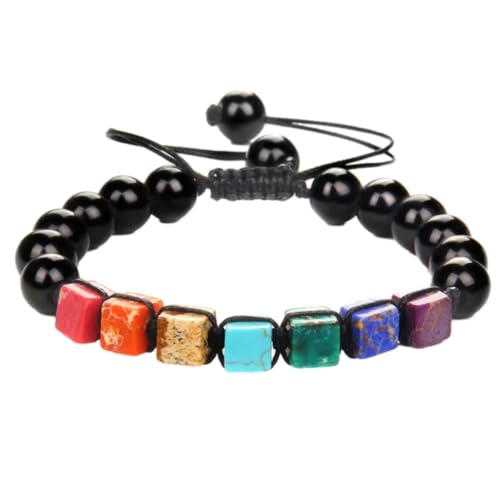 Steinarmband – Naturstein-Perlenarmband, handgefertigt, 7 Chakra-Quadratperlen, Charm-Armbänder, verstellbarer Schmuck für Männer und Frauen, tägliches Tragen, schwarzes Glas, Einheitsgröße von Tesselite