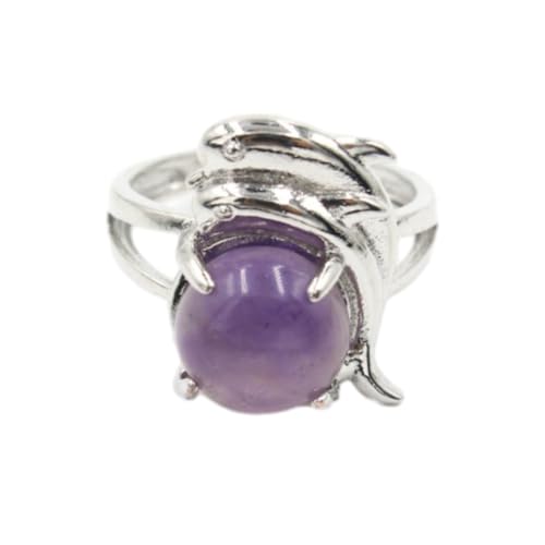 Steinring – Naturstein, doppelter Delphin, runder Opal-Kristallstein-Ring, Herren- und Damenmode, Persönlichkeit, handgefertigt, verstellbarer Ring, Amethyst, Einheitsgröße von Tesselite