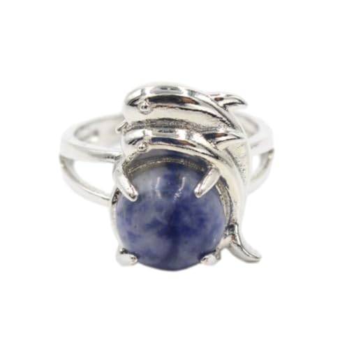 Steinring – Naturstein, doppelter Delphin, runder Opal-Kristallstein-Ring, modische Persönlichkeit für Herren und Damen, handgefertigt, verstellbarer Ring, Blaustein, Einheitsgröße von Tesselite