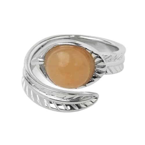 Steinringe – Weißer offener Ring, runder Naturstein, Kristall-Cabochon, gravierte Blätter, verstellbares Band, Damen- und Herrenschmuck, Orange Jade, Einheitsgröße von Tesselite