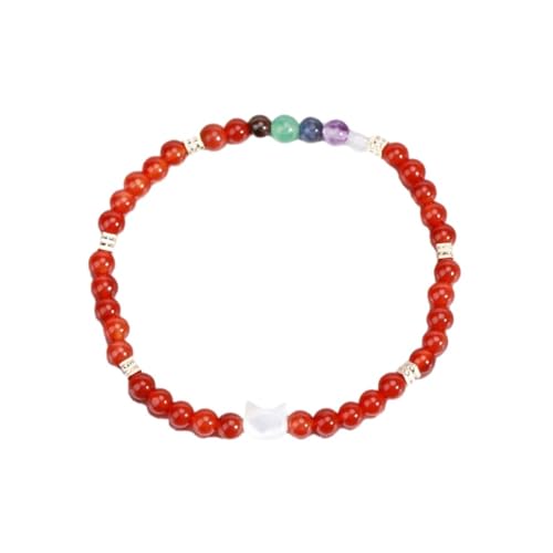 Tesselite Edelstein-Armband – Mini-Naturstein-Perlenarmband, süßer Katzen-Charm, 7 Chakra-Kristall, Stretch-Armreif, Yoga-Armbänder, Schmuck, Rot, Achat, Weiß, Einheitsgröße von Tesselite