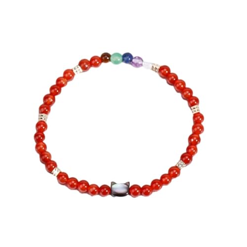 Tesselite Edelstein-Armband – Mini-Naturstein-Perlenarmband, süßer Katzen-Charm, 7 Chakra-Kristall, Stretch-Armreif, Yoga-Armbänder, Schmuck, Rot, Achatschwarz, Einheitsgröße von Tesselite