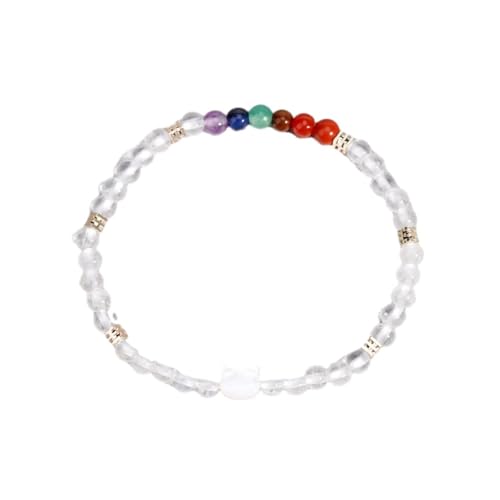 Tesselite Edelstein-Armband – Mini-Naturstein-Perlenarmband, süßer Katzen-Charm, 7 Chakra-Kristall, Stretch-Armreif, Yoga-Armbänder, Schmuck, Weiß, Kristall, Weiß, Einheitsgröße von Tesselite