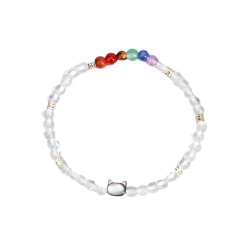 Tesselite Edelstein-Armband – Mini-Naturstein-Perlenarmband, süßer Katzen-Charm, 7 Chakra-Kristall, Stretch-Armreif, Yoga-Armbänder, Schmuck, Weiß, Kristallschwarz, Einheitsgröße von Tesselite