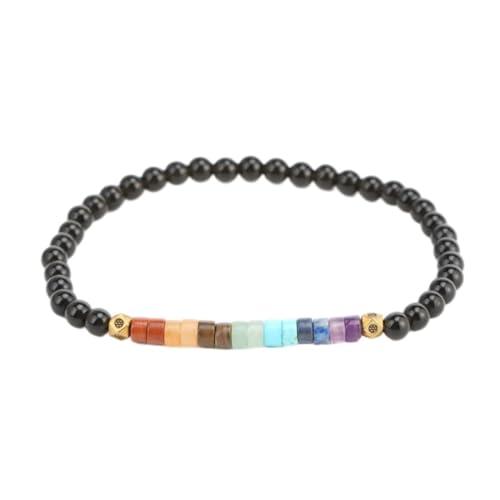 Tesselite Edelstein-Armband – Naturstein, 7 Chakra-Armband, Amethyste, rosa Quarzkristall, 4 mm, Mini-Perlen-Armreif, Schmuck für Damen, schwarzer Obsidian, Einheitsgröße von Tesselite