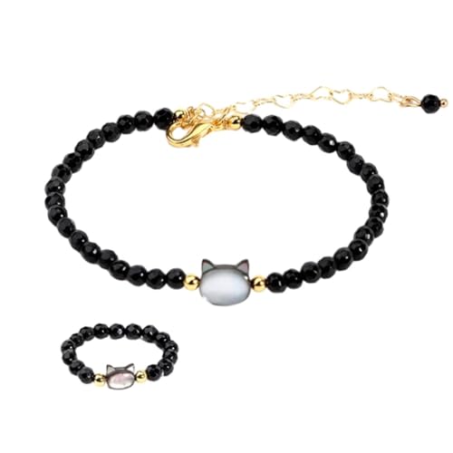 Tesselite Edelstein-Armband – natürliche weiße Muschel-Katzen-Charm-Schmucksets, Naturstein, schwarze Obsidian-Perlen, Armband-Ring für Frauen, Weihnachtsgeschenk, Schwarz, Einheitsgröße von Tesselite