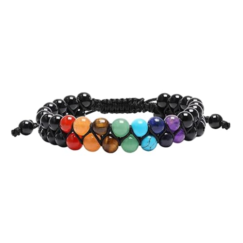 Tesselite Edelstein-Armband – natürlicher Kristallquarz, 7 Chakra-Rundperlen, Yoga-Doppelschicht-Stein-Armband für Damen und Herren, Schmuck zum täglichen Tragen, schwarzer Achat, 6 mm, Einheitsgröße von Tesselite