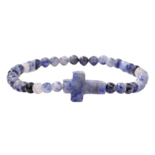 Tesselite Stein-Armband – 4 mm rundes Amethyst-Stein-Perlenarmband, Kreuz-Charm-Armband, Damen-Yoga-Schmuck, Geschenk für jeden Anlass, blauer Punkt, Einheitsgröße von Tesselite