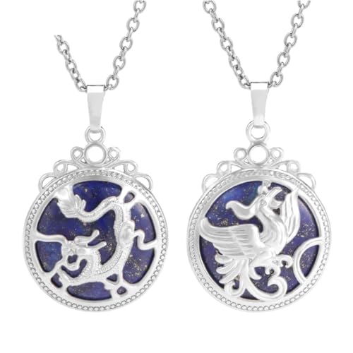 Tesselite Stein-Halskette – 2 Stück Naturstein-Paar-Halsketten für Liebhaber, Vintage-Drachen & Phoenix Cabochon Kristall Anhänger Herren Damen Halskette Schmuck, Lapis Halskette, Einheitsgröße von Tesselite