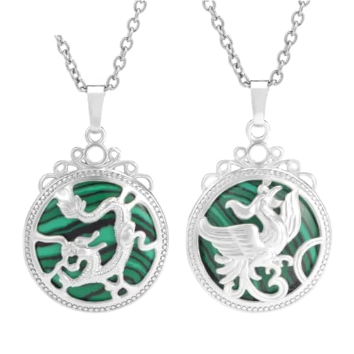 Tesselite Stein-Halskette – 2 Stück Naturstein-Paar-Halsketten für Liebhaber, Vintage-Drachen & Phoenix Cabochon Kristall Anhänger Herren Damen Halskette Schmuck, Malachit Halskette, Einheitsgröße von Tesselite