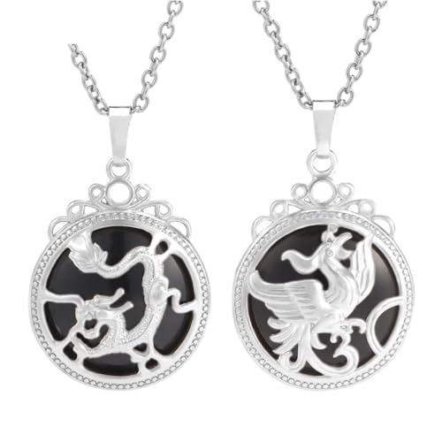 Tesselite Stein-Halskette – 2 Stück Naturstein-Paar-Halsketten für Liebhaber, Vintage-Drachen & Phoenix Cabochon Kristall Anhänger Herren Damen Halskette Schmuck, Obsidian Halskette, Einheitsgröße von Tesselite