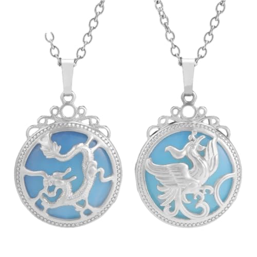 Tesselite Stein-Halskette – 2 Stück Naturstein-Paar-Halsketten für Liebhaber, Vintage-Drachen & Phoenix Cabochon Kristall Anhänger Herren Damen Halskette Schmuck, Opal Halskette, Einheitsgröße von Tesselite