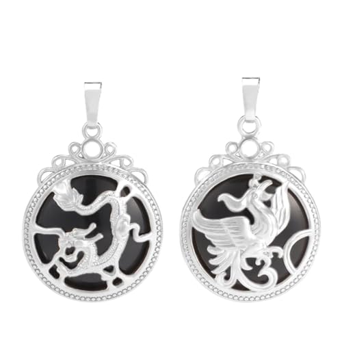 Tesselite Stein-Halskette – 2 Stück Naturstein-Paar-Halsketten für Liebhaber, Vintage-Drachen & Phoenix-Cabochon-Kristall-Anhänger für Herren und Damen, Halskette, Schmuck, schwarzer Obsidian, Einhei von Tesselite