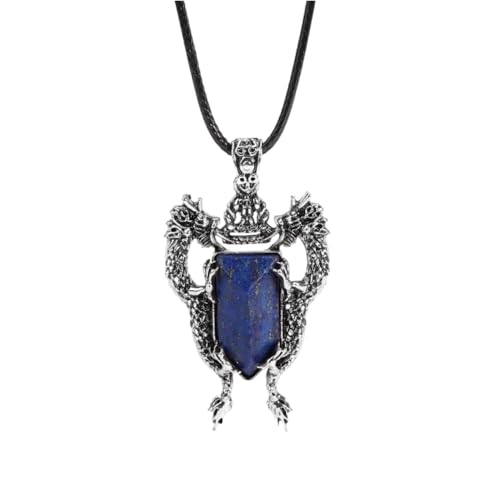 Tesselite Stein-Halskette – Herren-Halskette, Naturstein, doppelter Drachen-Anhänger, türkisfarbener Amethyst, Kristall-Anhänger, Vintage-Schmuck, Lapis-Kette, Einheitsgröße von Tesselite