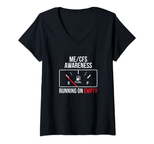 Damen ME/CFS Awareness - Running On Empty - Weiße Buchstaben T-Shirt mit V-Ausschnitt von Test It Myself