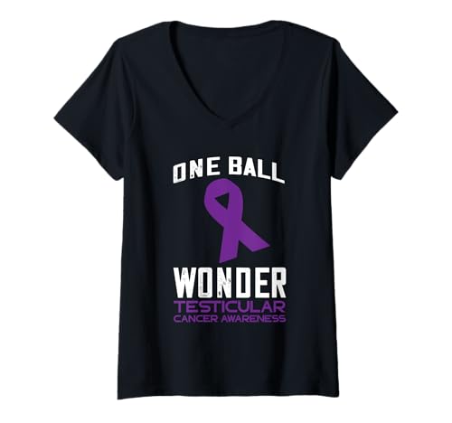 Damen One Ball Wonder Hodenkrebs Hodenkrebs Bewusstsein T-Shirt mit V-Ausschnitt Damen One Ball Wonder Hodenkrebs Hodenkrebs Bewusstsein T-Shirt mit V-Ausschnitt von Testicular Testicle Cancer Purple Supporter