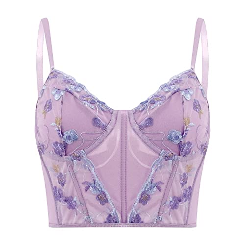 Testudineus Damen Chic Floral Besticktes Korsett Top Spaghetti Strap Sheer Mesh Push Up Bustier Bralette, Helles Violett, Small von Testudineus