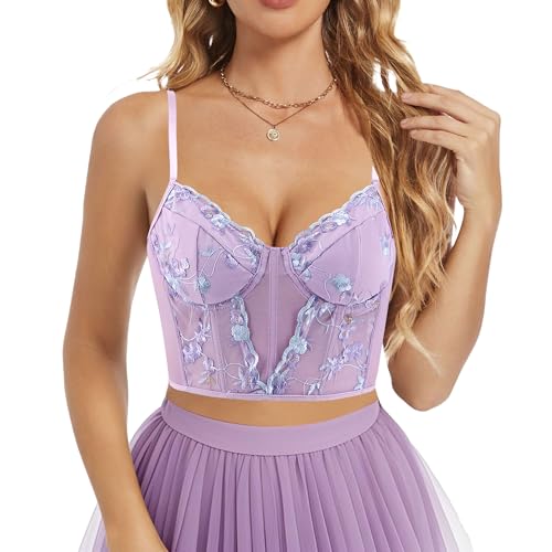 Testudineus Damen-Korsett mit Blumenstickerei, Spaghettiträger, ärmellos, durchsichtig, Netzstoff, Disco, Party, Club, Top, Helles Violett, Small von Testudineus