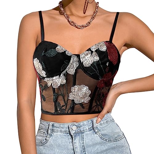 Testudineus Damen Sexy Wrapped Spitze Brust Einfarbig Crop Tops Sheer Mesh Bralette Camisole Tank Top, Schwarz, floral, Large von Testudineus