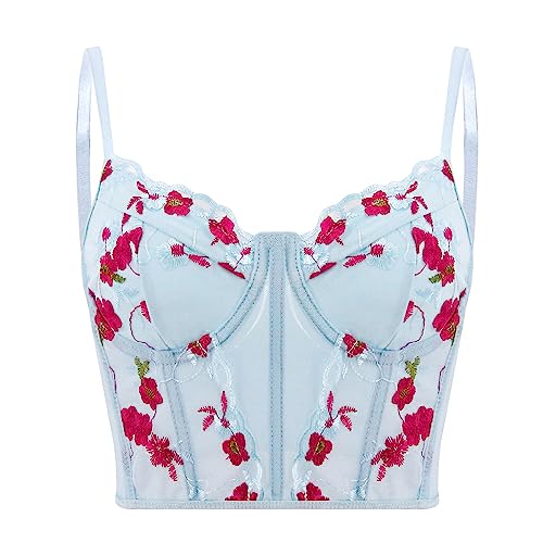 Testudineus Frauen Chic Floral bestickt Korsett Top Spaghettiträger Sheer Mesh Push Up Bustier Bralette, Hell, blau, Small von Testudineus