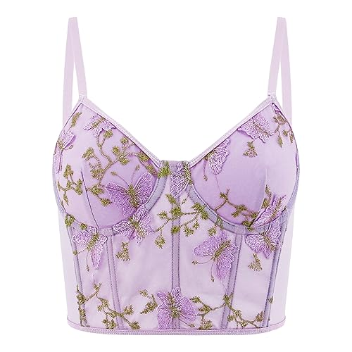 Testudineus Frauen Chic Floral bestickt Korsett Top Spaghettiträger Sheer Mesh Push Up Bustier Bralette, violettfarbener schmetterling, Small von Testudineus