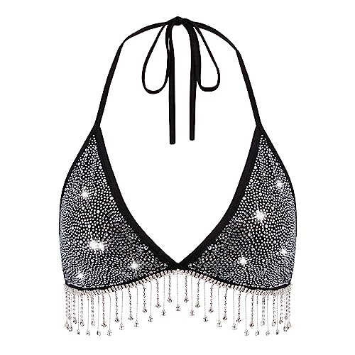 Testudineus Frauen Glitzer Strass Diamant Halfter Crop Tops Quaste Kette Spaghetti Träger BH Korsett Tube Top, Schwarz, Mittel von Testudineus