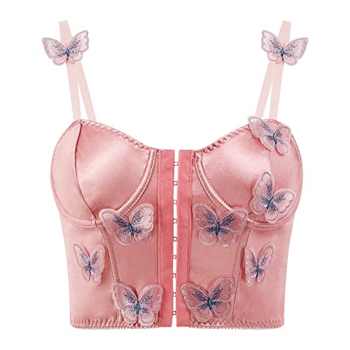 Testudineus Schickes Damen-Korsett mit Blumenstickerei, Spaghettiträger, durchsichtiges Netzgewebe, Push-Up-Bustier, Bralette, Pink, Medium von Testudineus