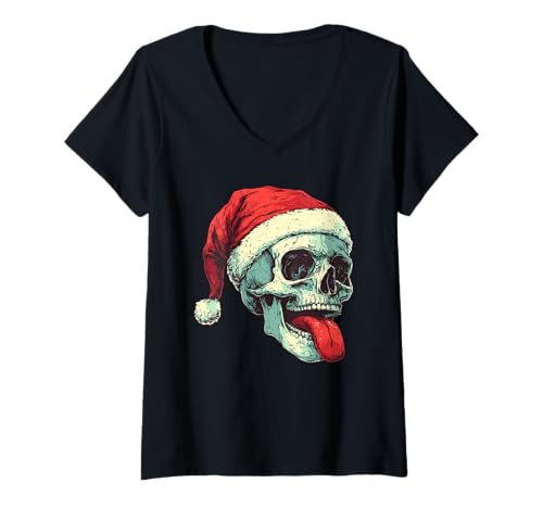 Damen Weihnachts-Badass-Schädel Santa Claus, Musik, Knochen und Weihnachtsmann T-Shirt mit V-Ausschnitt Damen Weihnachts-Badass-Schädel Santa Claus, Musik, Knochen und Weihnachtsmann T-Shirt mit V-Ausschnitt von Tête de mort de Noël, squelette de noël, badass