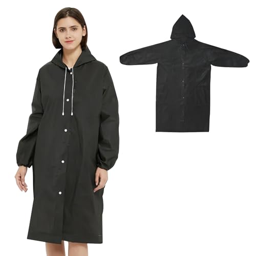 Regenponcho Damen Herren, Wiederverwendbar Regenmantel mit Kaputze, Wasserdicht Regenjacke Eva Travel Faltbar Regen Poncho für Wandern Radfahren Camping und Reisen - Schwarz-1 Stück von Teuena