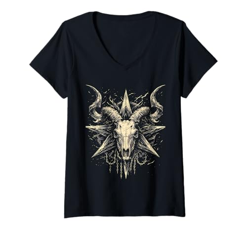 Damen Satanische Ziege Okkultes Design Gothic Baphomet T-Shirt mit V-Ausschnitt von Teufel Geschenk Okkult Ziege Satan Anbetung