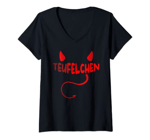Damen Teufelchen Kostüm Halloween Karneval Konfetti Teufel T-Shirt mit V-Ausschnitt von Teufelchen Kostüm Fasching Halloween Geschenk