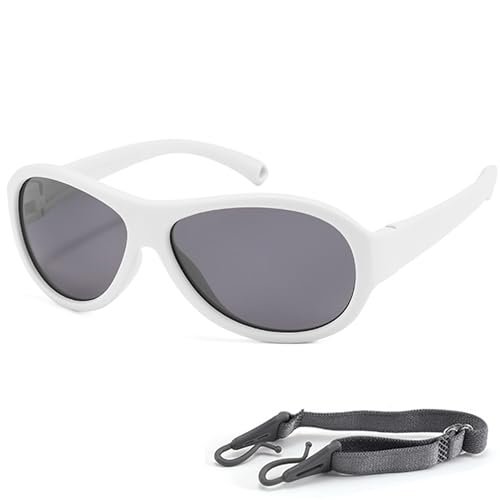 Teumire Polarisierte Piloten-Sonnenbrille für Kinder, flexible Gummi-Brille mit Riemen, für Babys, Jungen, Mädchen, Alter 0–36 Monate, A04 Weiß, Medium von Teumire