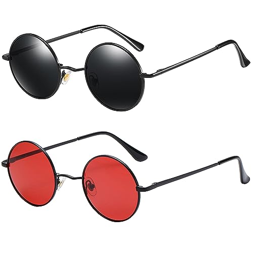 Teumire Polarisierte Sonnenbrille, rund, Retro, für Damen und Herren, Hippie-Stil, P2 Schwarz/Grau + Schwarz/Rot, Medium von Teumire