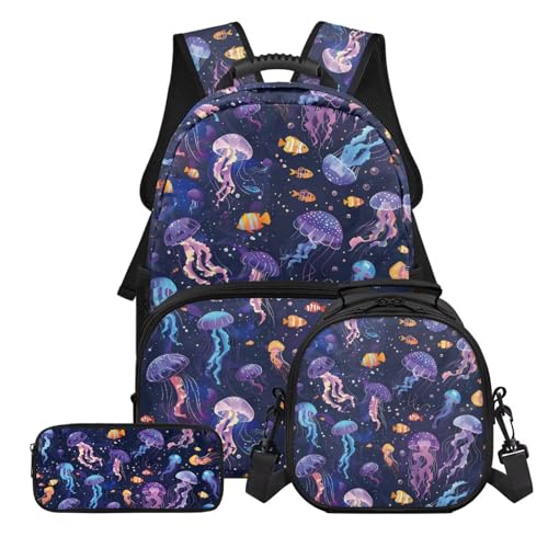 Tevecatos 3-teiliges Rucksack für Jungen und Mädchen, Schultaschen-Set mit Lunchtasche, Federmäppchen, 43,2 cm, 3-in-1-Set, Quallen-Clownfisch, Einheitsgröße von Tevecatos