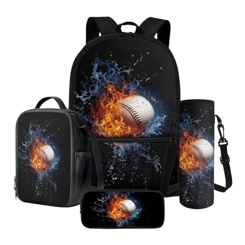 Tevecatos 4 in 1 Schulrucksack-Set Leichte Schultaschen für Mädchen Jungen mit Lunchbox Stifteetui und Wasserflaschenhalter, Baseball-Flammenwasser, Einheitsgröße von Tevecatos