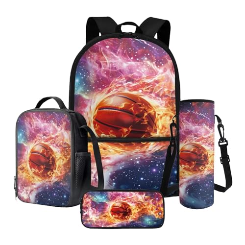 Tevecatos 4 in 1 Schulrucksack-Set Leichte Schultaschen für Mädchen Jungen mit Lunchbox Stifteetui und Wasserflaschenhalter, Basketball Fire Galaxy, Einheitsgröße von Tevecatos