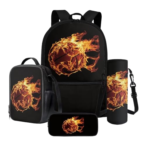 Tevecatos 4 in 1 Schulrucksack-Set Leichte Schultaschen für Mädchen Jungen mit Lunchbox Stifteetui und Wasserflaschenhalter, Flamme Basketball, Einheitsgröße von Tevecatos