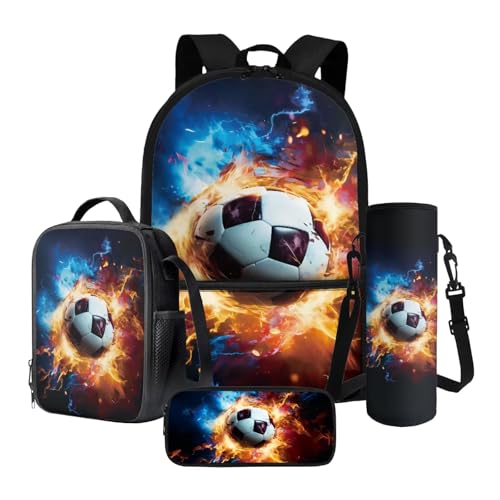 Tevecatos 4 in 1 Schulrucksack-Set Leichte Schultaschen für Mädchen Jungen mit Lunchbox Stifteetui und Wasserflaschenhalter, Fußball Flame Lightning, Einheitsgröße von Tevecatos