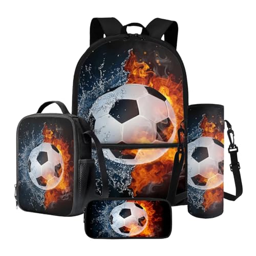 Tevecatos 4 in 1 Schulrucksack-Set Leichte Schultaschen für Mädchen Jungen mit Lunchbox Stifteetui und Wasserflaschenhalter, Fußball Flamme Wasser, Einheitsgröße von Tevecatos