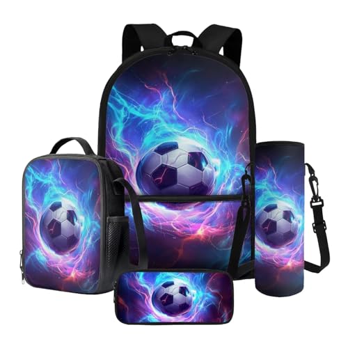 Tevecatos 4 in 1 Schulrucksack-Set Leichte Schultaschen für Mädchen Jungen mit Lunchbox Stifteetui und Wasserflaschenhalter, Fußball Lightning Galaxy 2, Einheitsgröße von Tevecatos