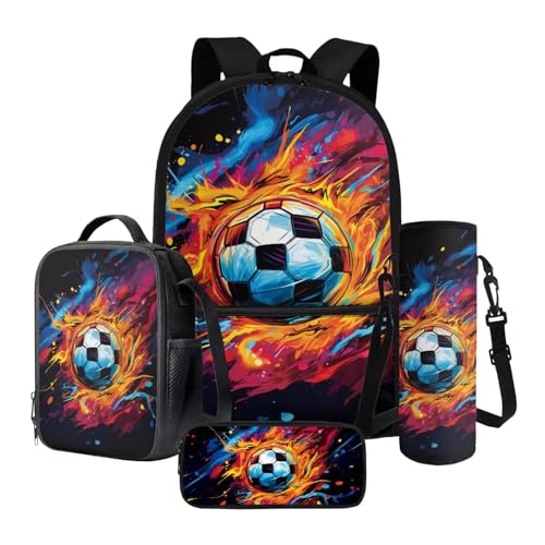Tevecatos 4 in 1 Schulrucksack-Set Leichte Schultaschen für Mädchen Jungen mit Lunchbox Stifteetui und Wasserflaschenhalter, Malen von Fußball-Flammen, Einheitsgröße von Tevecatos